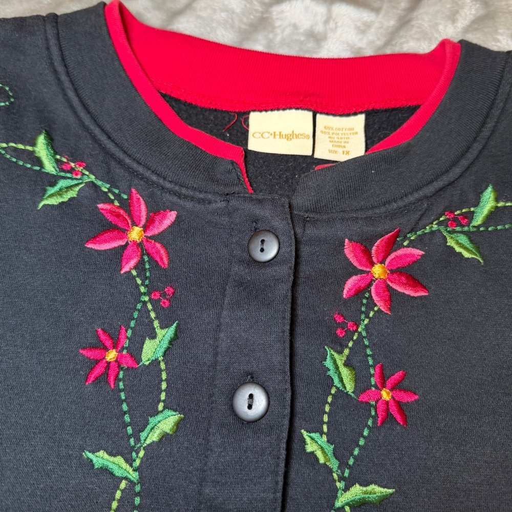 CC Hughes Womens Size 1X Black Embroidered Floral Sweatshirt Cardigan Buttons - Picture 6 of 13